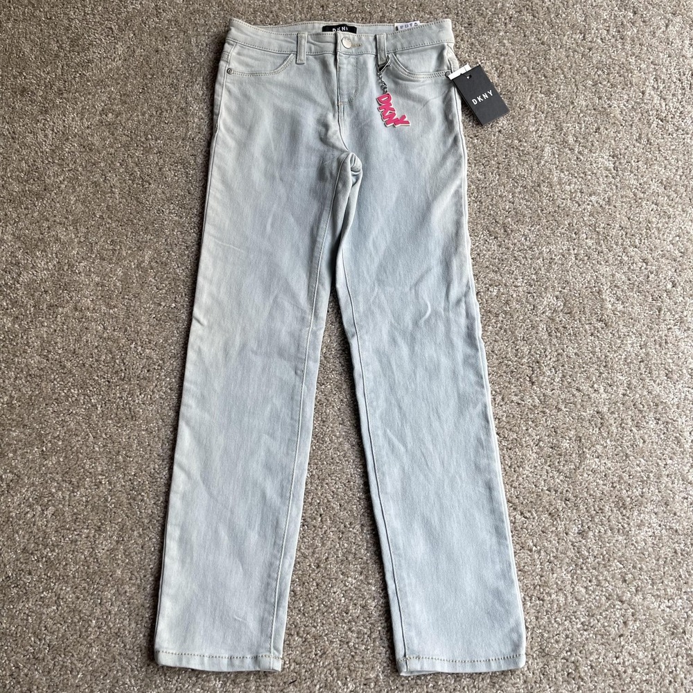 DKNY Jeans Girls 14 Light Wash Blue Straight Denim Logo Charm Stretch Casual